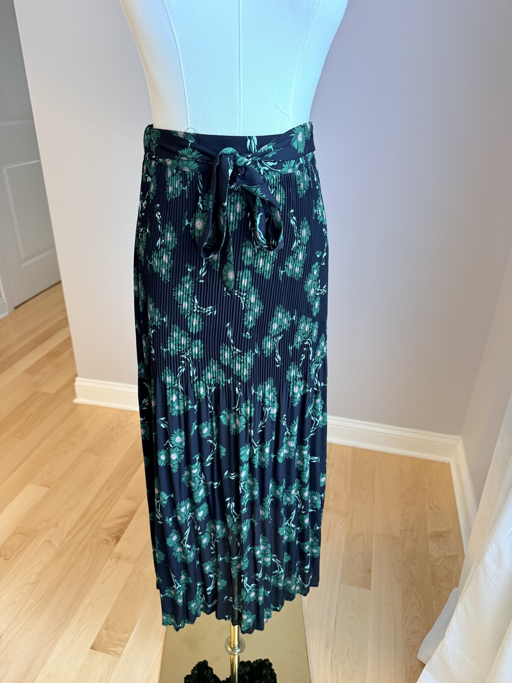 Topshop Navy Midi Skirt with Green Floral Print and Tie Waist